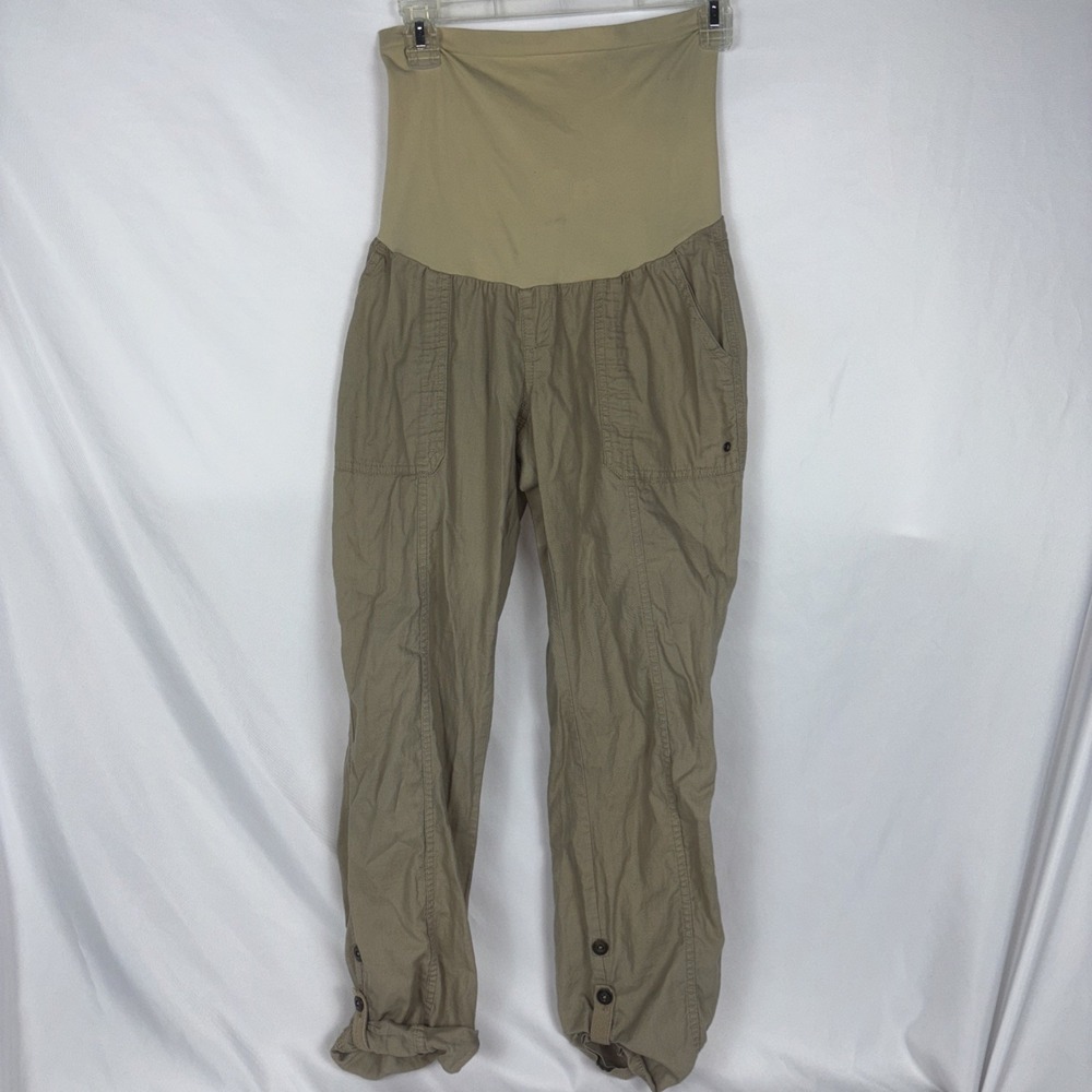 Motherhood Maternity Womens Beige Khaki Cargo Capris Size S Full Belly Panel
